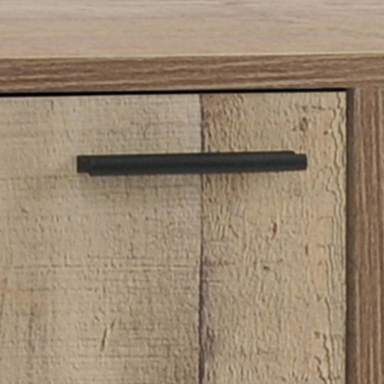 Close-up of oak wood finish on wine cabinet door with black handle