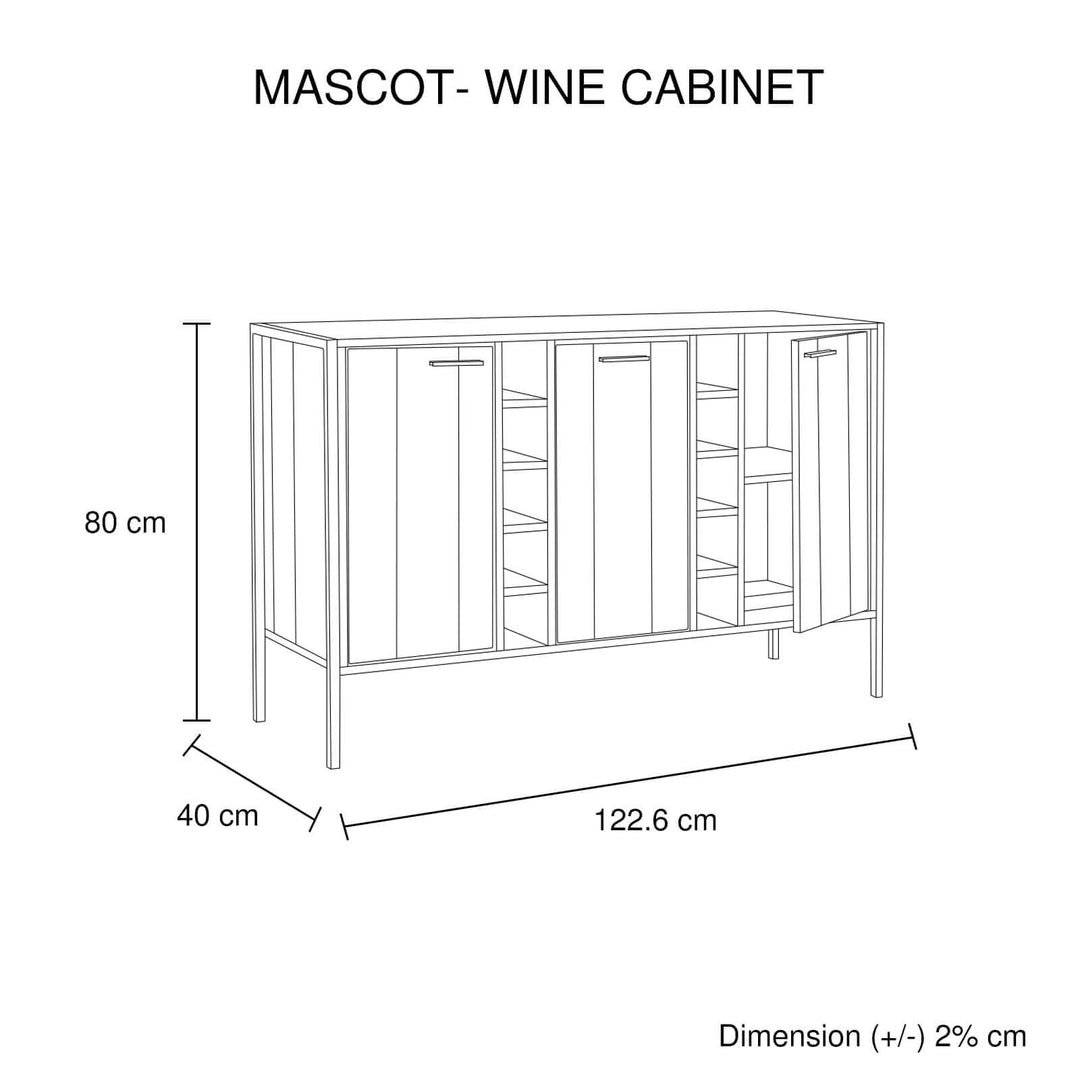 Sketch Dimension of Mascot Wine Cabinet with Storage Shelves and Cupboards in Oak Colour