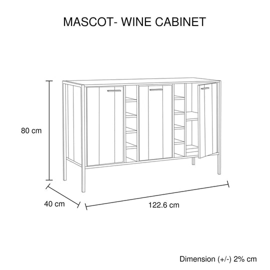 Sketch Dimension of Mascot Wine Cabinet with Storage Shelves and Cupboards in Oak Colour