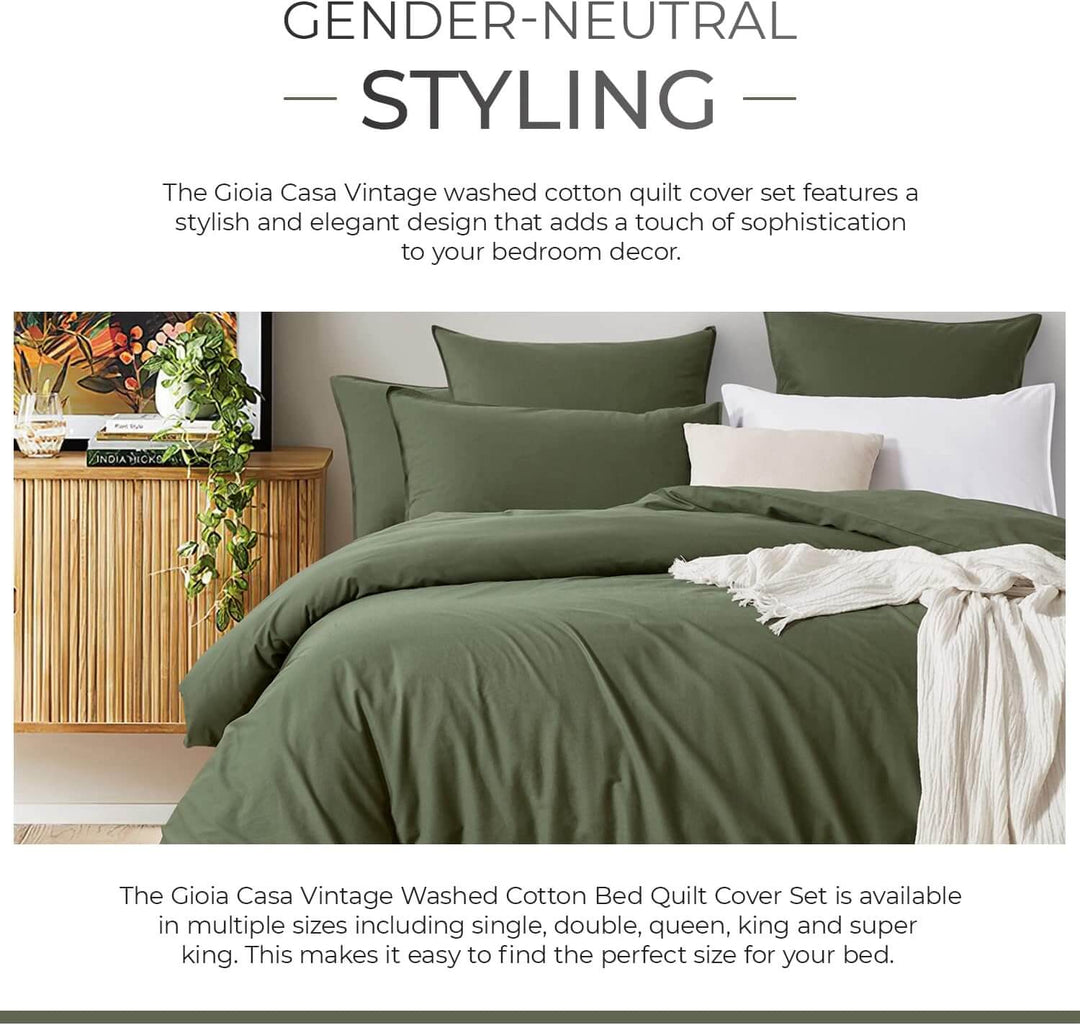 DSZ Product, feed-cond-new, feed-sl-DSZ Freight Payable100% Cotton Vintage Washed Bed Quilt Cover Set (2Pcs) - Khaki Green - Single - Premium Home & Garden > Bedding > Quilts & Duvets from Gioia Casa ! Shop Online Buy Now at S & D's Value Store Family Business Best Customer ServiceDSZ Product, feed-cond-new, feed-sl-DSZ Freight Payable