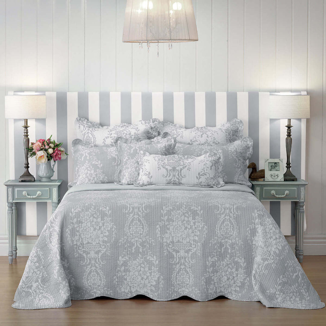 Affordable luxe Bianca Florence Grey Bedspread Set King with scalloped edges and damask design, perfect for a DIY bedroom upgrade.