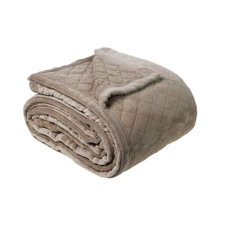 Bianca Mansfield Blanket in Taupe Silver Grey with quilted velvet and sherpa reverse, offering affordable luxe quality for winter.