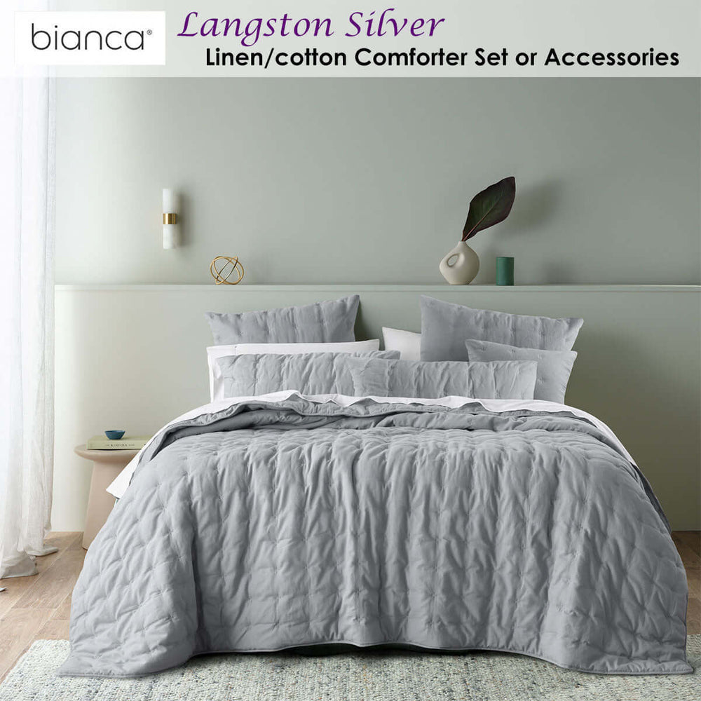 Bianca Langston Silver linen/cotton comforter set on bed, showcasing quilted design and luxurious softness in a modern bedroom setting.