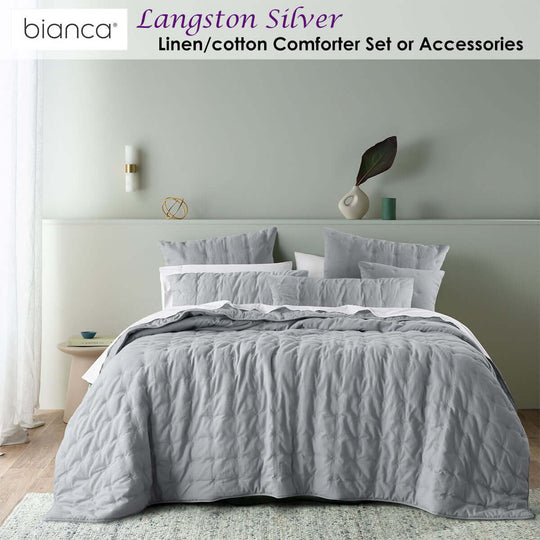 Bianca Langston Silver linen/cotton comforter set on bed, showcasing quilted design and luxurious softness in a modern bedroom setting.