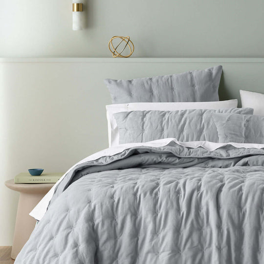 Bianca Langston Silver Linen Cotton Comforter Set on Bed, Affordable Luxe Quality Bedding, DIY Lived-In Look, Queen/King Size.