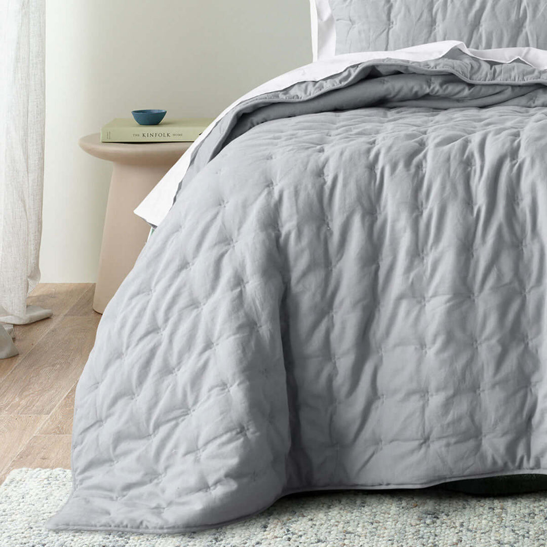 Luxe Bianca Langston silver quilted comforter set in linen cotton, affordable and quality bedding for a chic bedroom look.