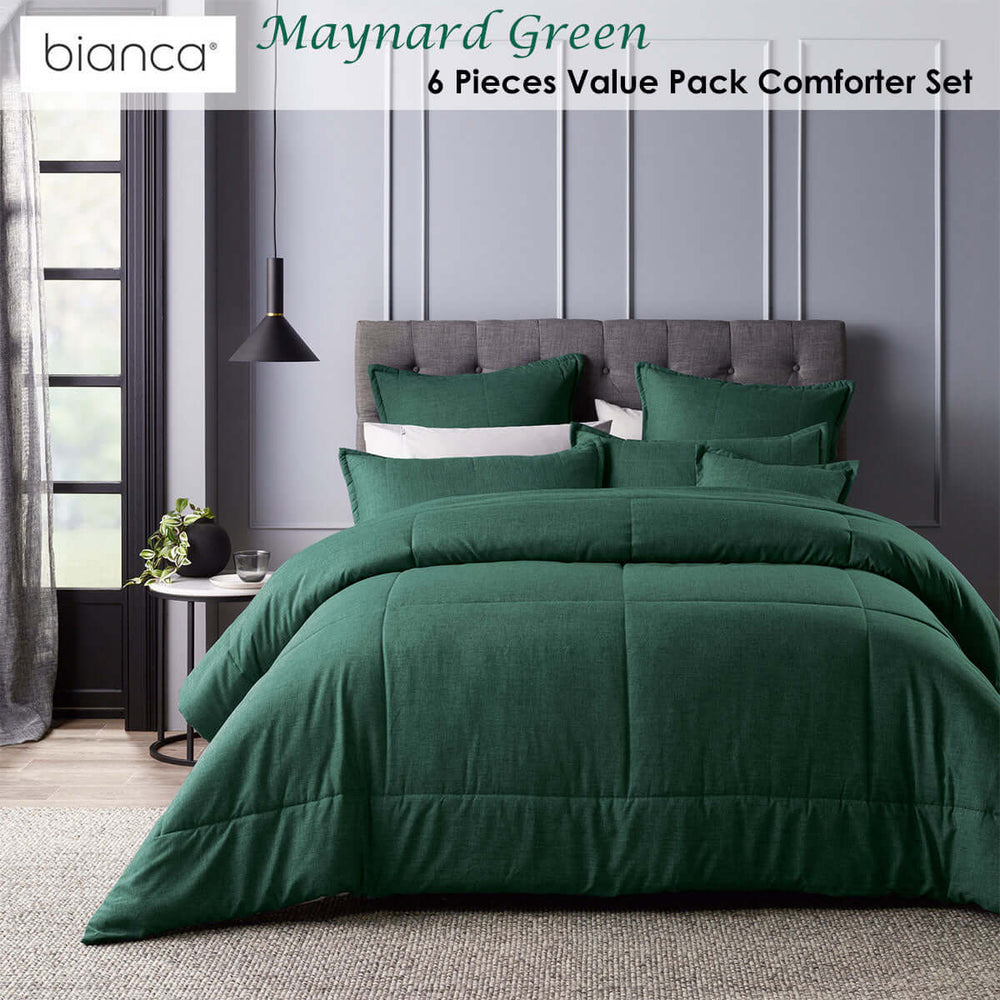 Green comforter set on stylish bed, Bianca Maynard 6 pcs, elegant quilting, affordable luxury, DIY bedroom decor, quality bedding.