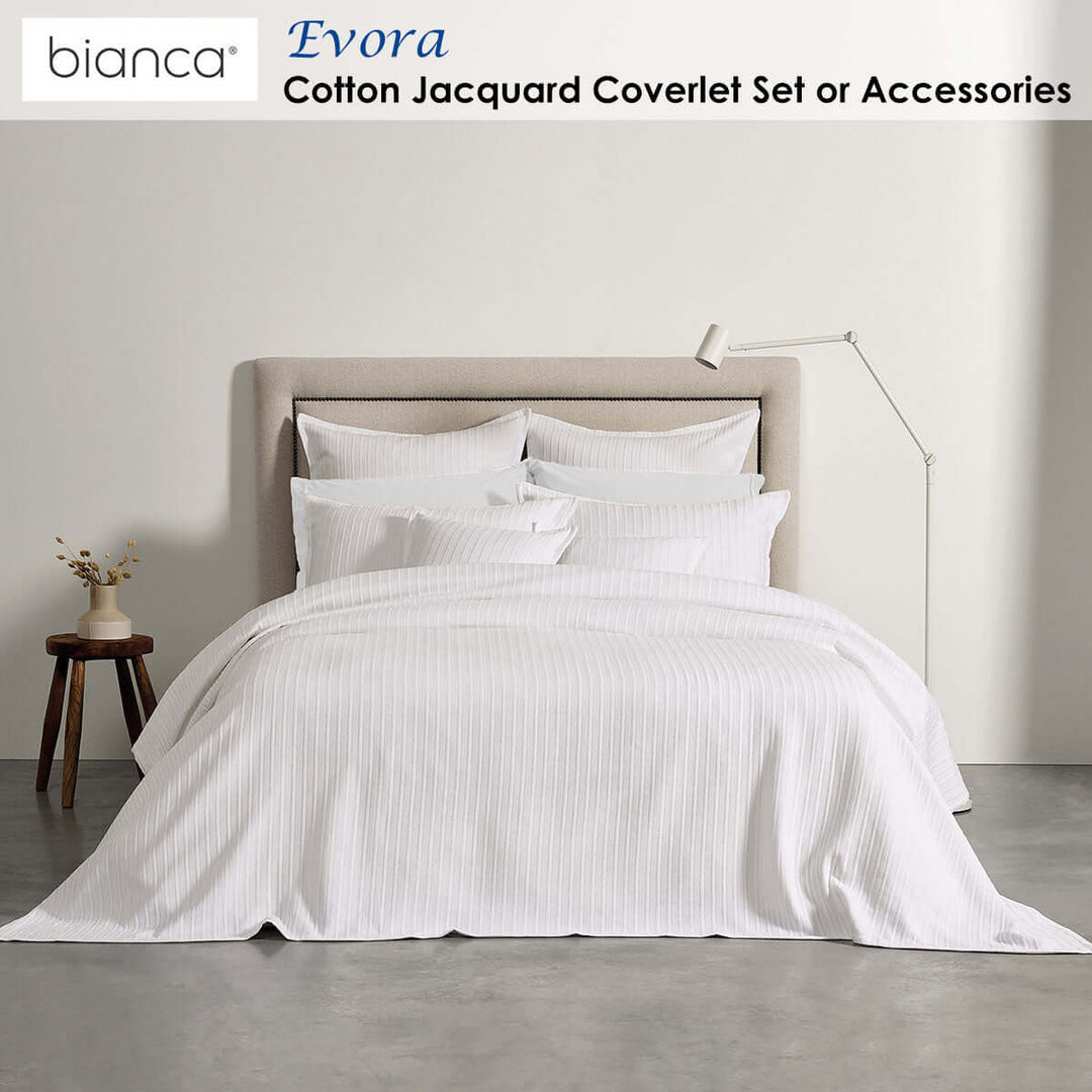 Bianca Evora white cotton jacquard coverlet set on bed, luxurious and affordable, with intricate detailing for DIY bedroom decor.