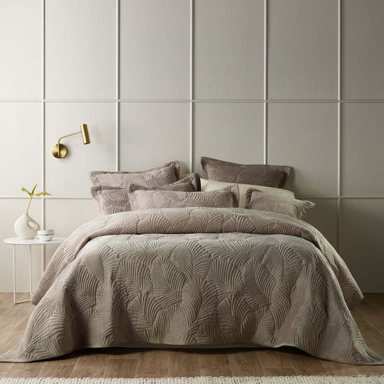 Affordable Luxe Kairo Taupe Velvet Coverlet Set with Quilted Leaf Design for DIY Quality Bedroom Decor