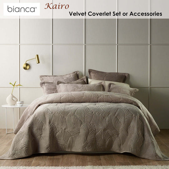 Bianca Kairo Taupe Velvet Coverlet Set with quilted leaf design, affordable luxe bedding for DIY home decor.