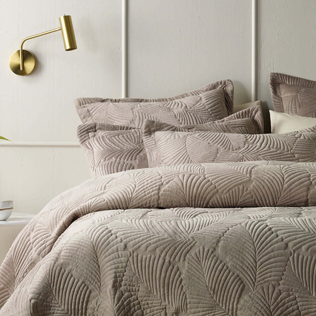 Bianca Kairo Taupe Coverlet Set features quilted leaf design in soft velvet, offering affordable luxe for DIY bedroom decor.