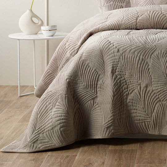 Bianca Kairo Taupe Coverlet Set with quilted leaf design, soft velvet fabric, affordable quality, DIY home decor, luxe bedding.