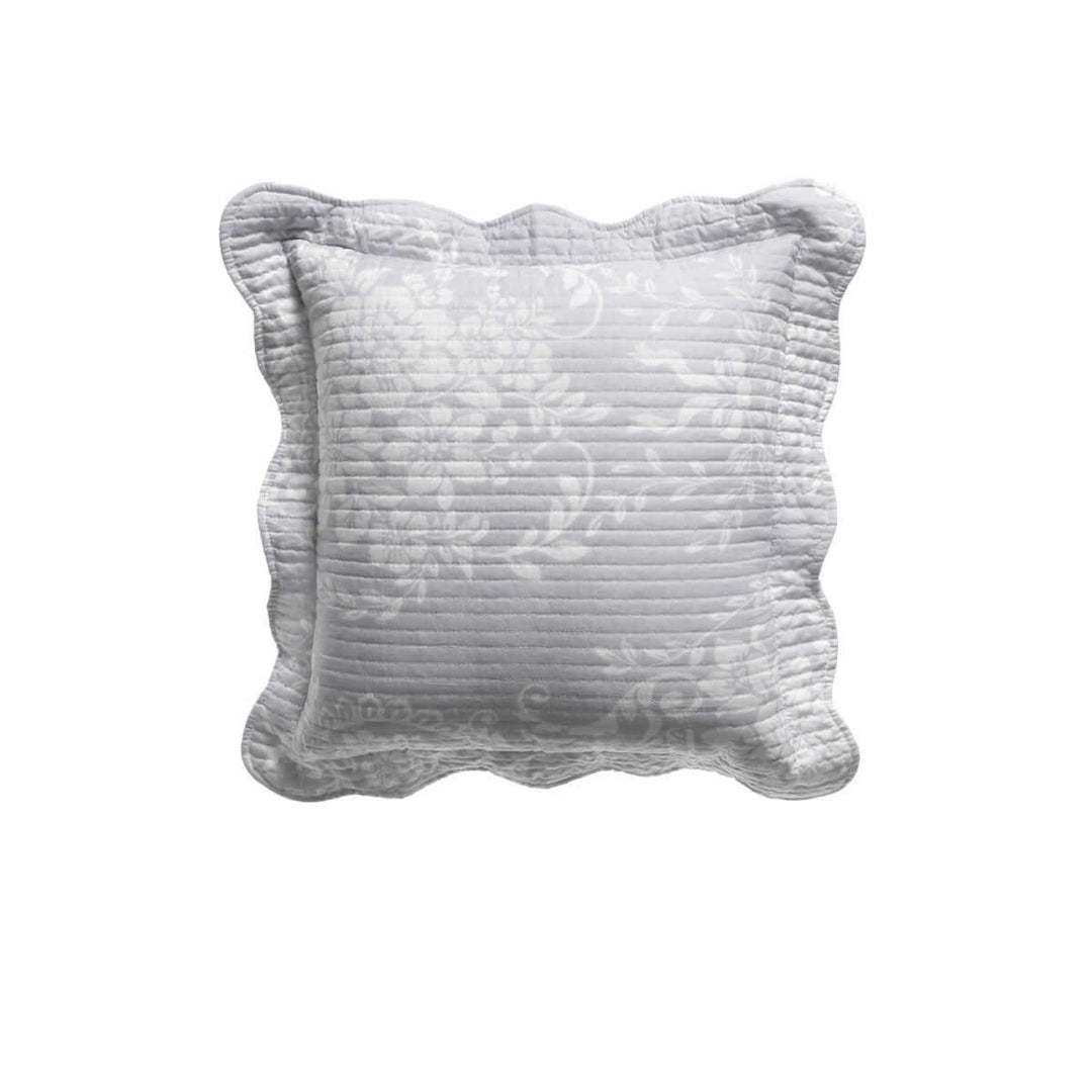 Grey square cushion with scalloped edge and damask embroidery, Bianca Florence. Affordable, quality, DIY luxe home decor accessory.