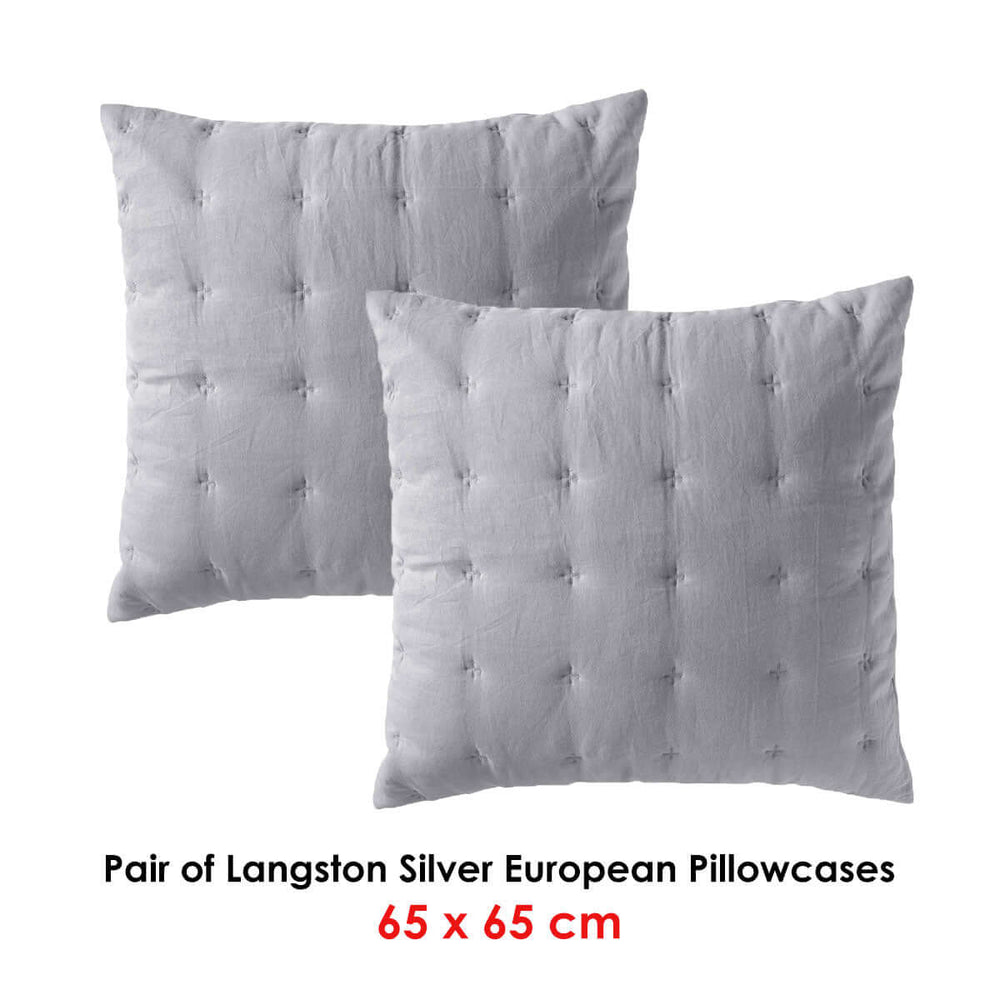 Affordable luxe Langston Silver European pillowcases by Bianca, 65x65cm, quality quilted linen-cotton blend for DIY bedroom elegance.