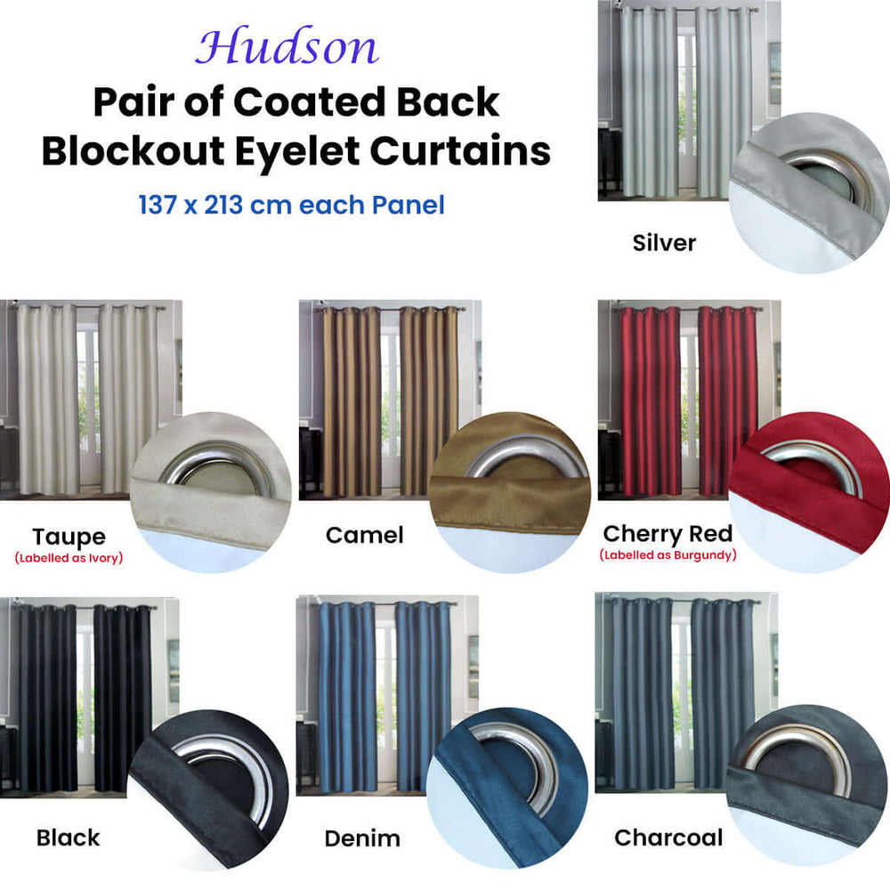 Emporio Hudson blockout eyelet curtains in various colors: silver, taupe, camel, cherry red, black, denim, charcoal. 137x213cm.