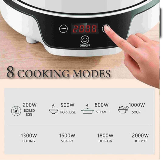 Kylin Portable Electric Induction Cooker AU-K4092 control panel displaying 8 cooking modes and power levels for versatile cooking options.