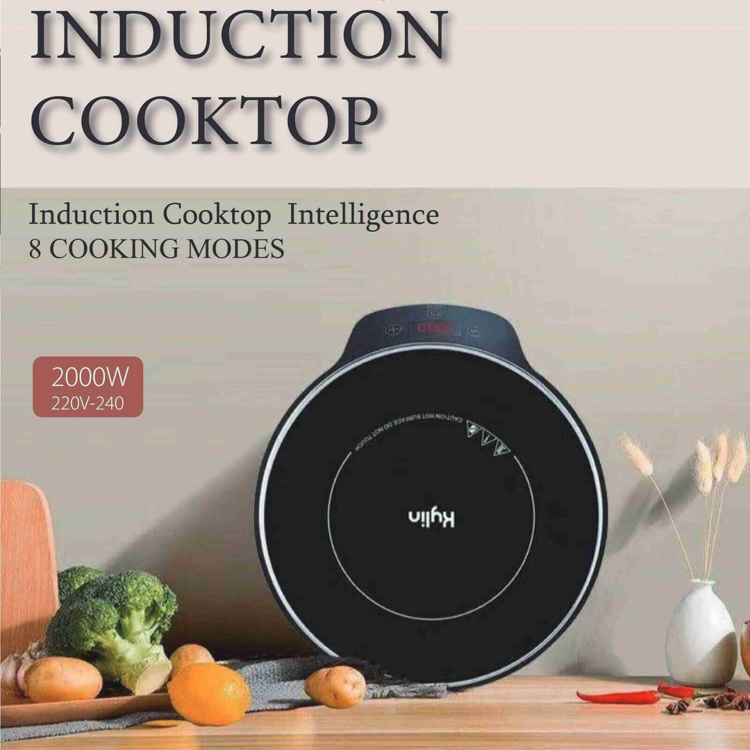 Kylin portable electric induction cooker with 8 cooking modes, 2000W, and sleek round design for efficient cooking.