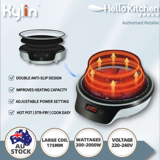 Kylin Portable Electric Induction Cooker AU-K4092 with double anti-slip design, adjustable power settings, and improved heating capacity.