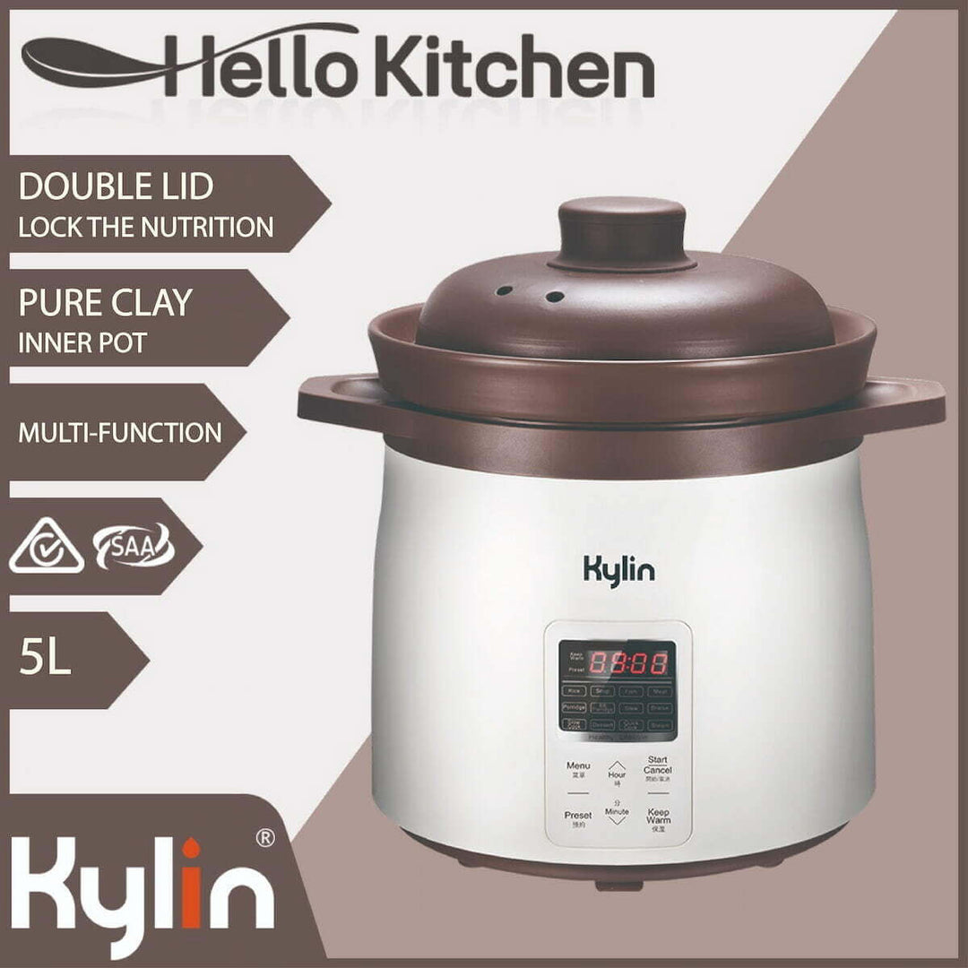 Kylin Electric Purple Clay Pot Slow Cooker 5L with double lid, multi-function display, and pure clay inner pot for nutritious cooking.