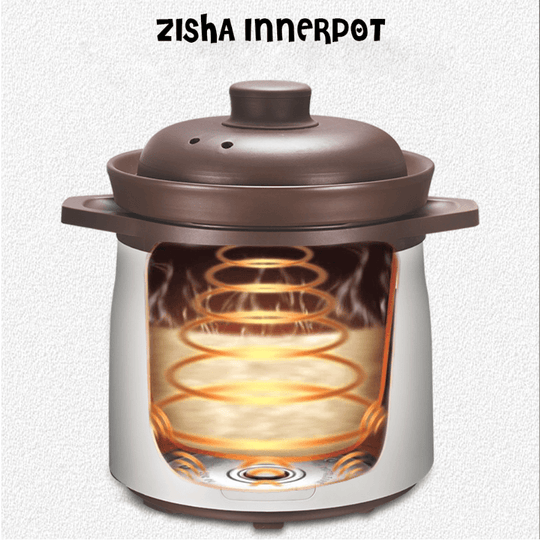 Kylin Electric Purple Clay Pot Slow Cooker with visible heating element, showcasing authentic Zisha inner pot design.