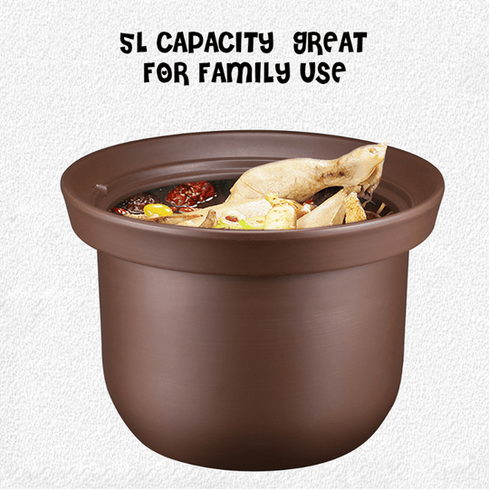 5L capacity purple clay pot slow cooker, perfect for family meals and delicious homemade soups.