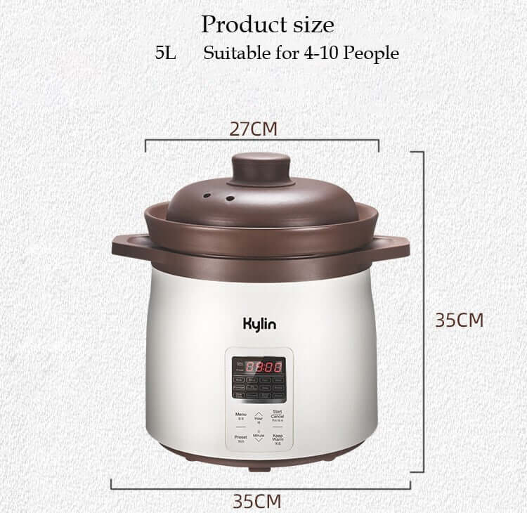 Kylin Electric Purple Clay Pot Slow Cooker 5L dimensions suitable for 4-10 people, 27CM width, 35CM height.