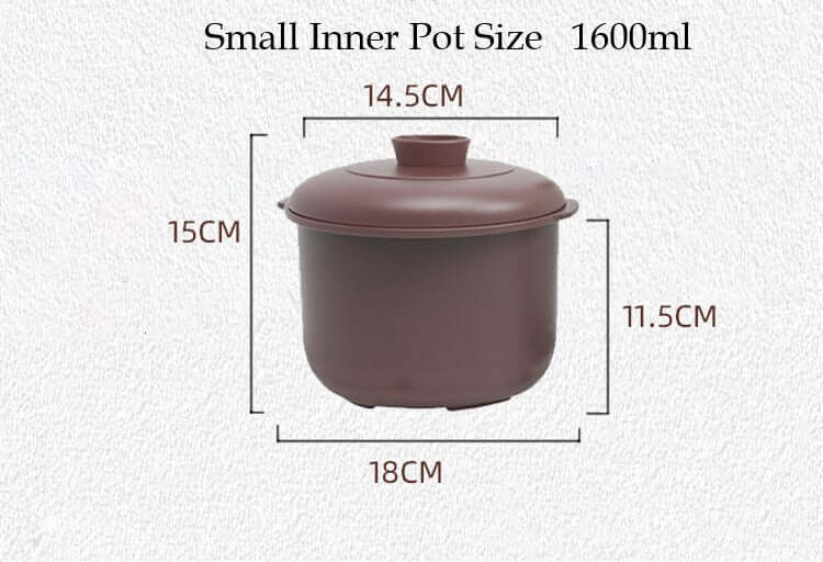 Small inner pot size 1600ml for Kylin Electric Purple Clay Pot Slow Cooker, dimensions marked for easy reference.