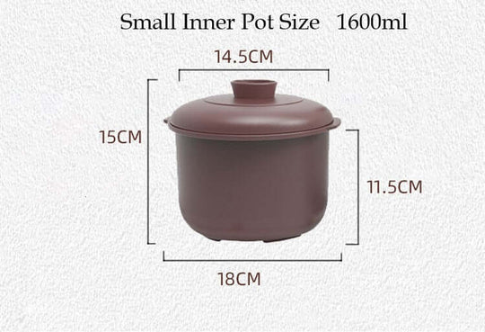 Small inner pot size 1600ml for Kylin Electric Purple Clay Pot Slow Cooker, dimensions marked for easy reference.