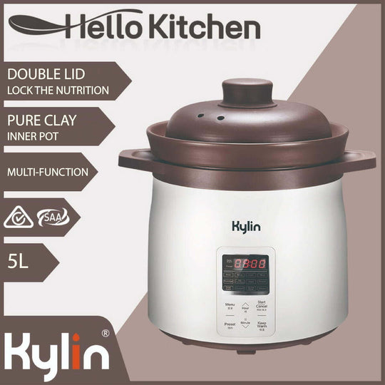 Kylin Electric Purple Clay Pot Slow Cooker 5L with double lid, multi-function design, and pure clay inner pot for nutritious cooking.