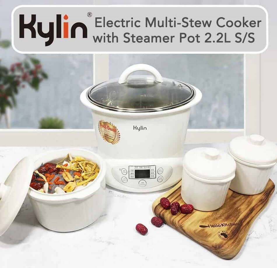 Kylin Electric Multi-Stew Cooker 2.2L with stainless steel design, ceramic pots, and food ingredients for easy cooking.