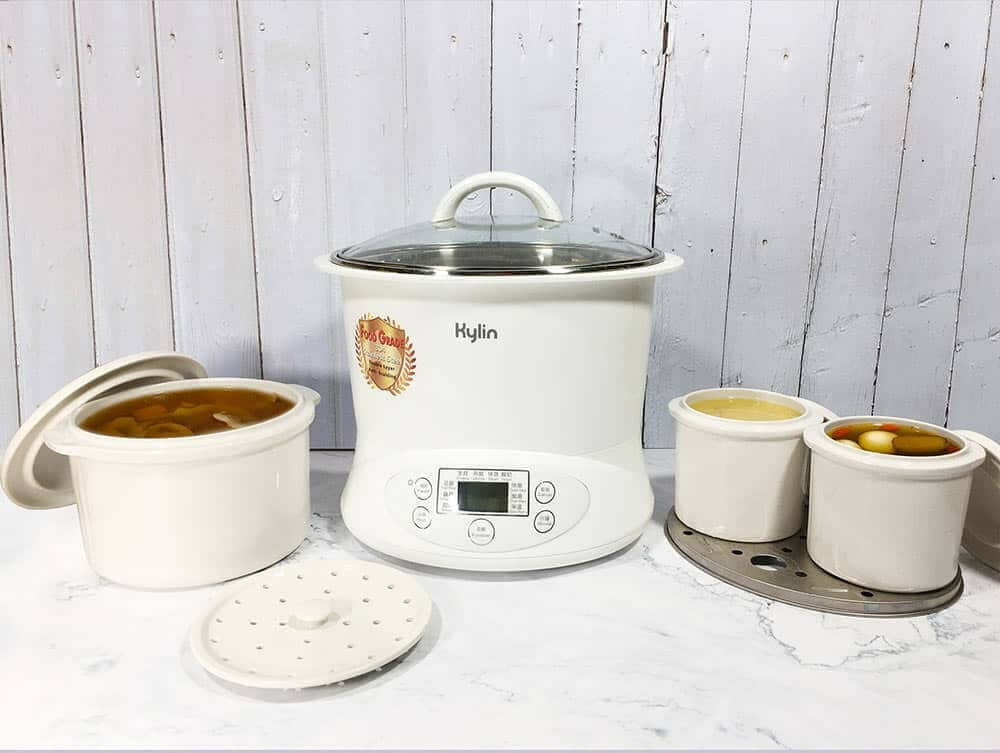 Kylin Electric Slow Cooker with 2.2L stainless steel pot and ceramic containers for affordable and quality cooking.