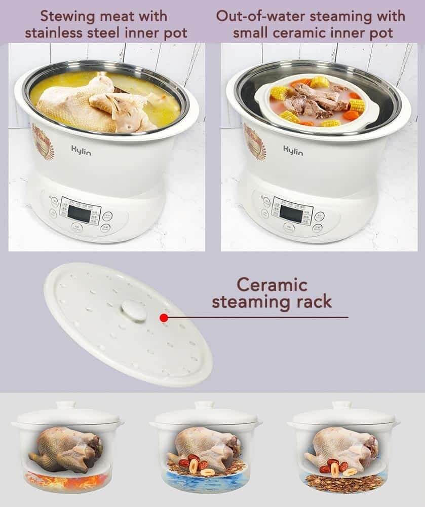 Kylin Electric Slow Cooker showing stewing and steaming features with ceramic pots and stainless steel design.