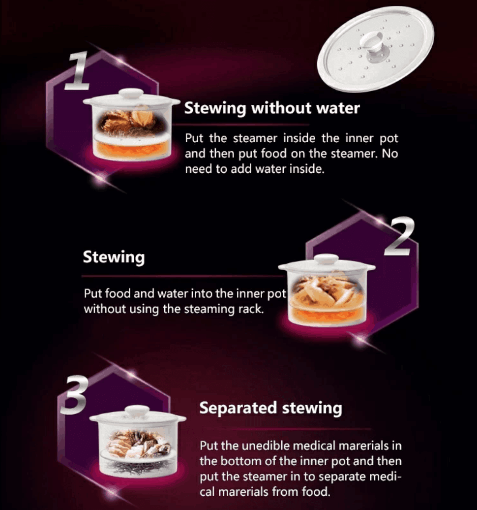 Instructions for Kylin Electric Slow Cooker showing three stewing methods: without water, with water, and separated stewing.