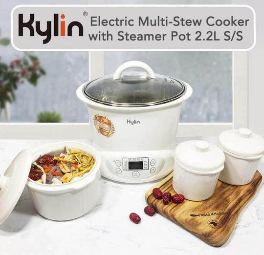 Kylin Electric Multi-Stew Cooker 2.2L with stainless steel and ceramic pots for affordable, quality cooking.