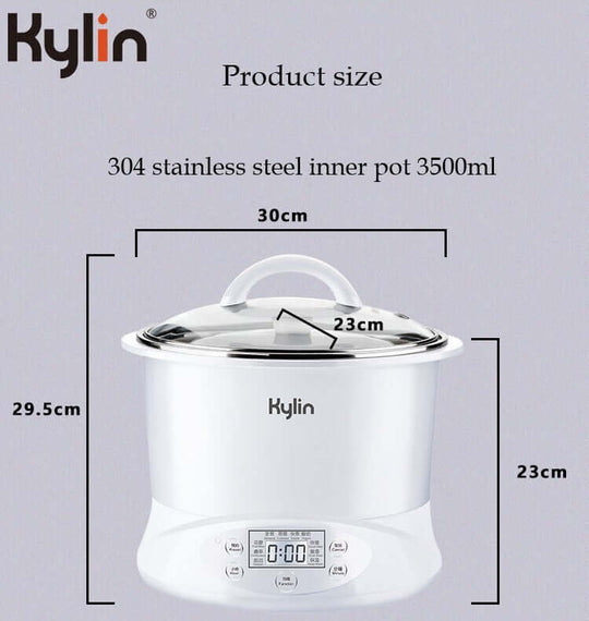 Kylin electric slow cooker size dimensions 304 stainless steel pot 3500ml with digital display.