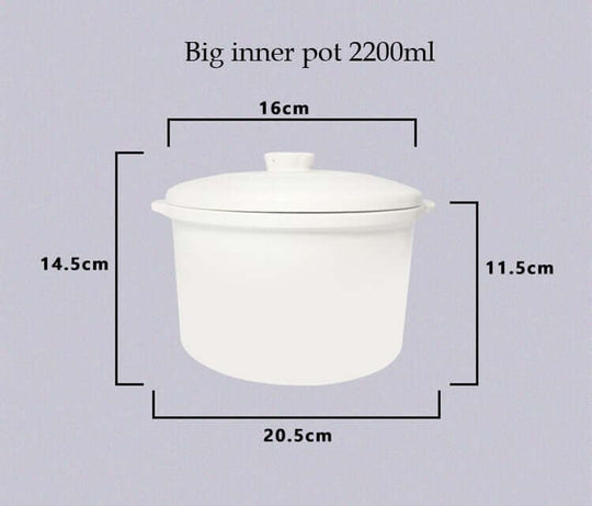 Big inner pot 2200ml with dimensions labeled: 16cm width, 14.5cm height, 11.5cm depth, 20.5cm diameter.