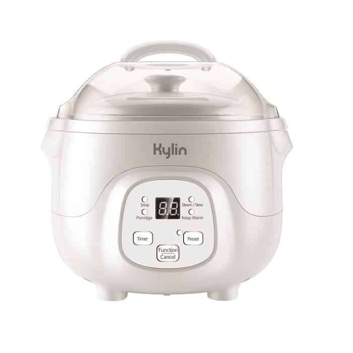 Kylin Electric Multi-Stew Cooker 0.7L AU-K1007 in white, displaying control panel and steam function features. Affordable quality kitchen appliance.