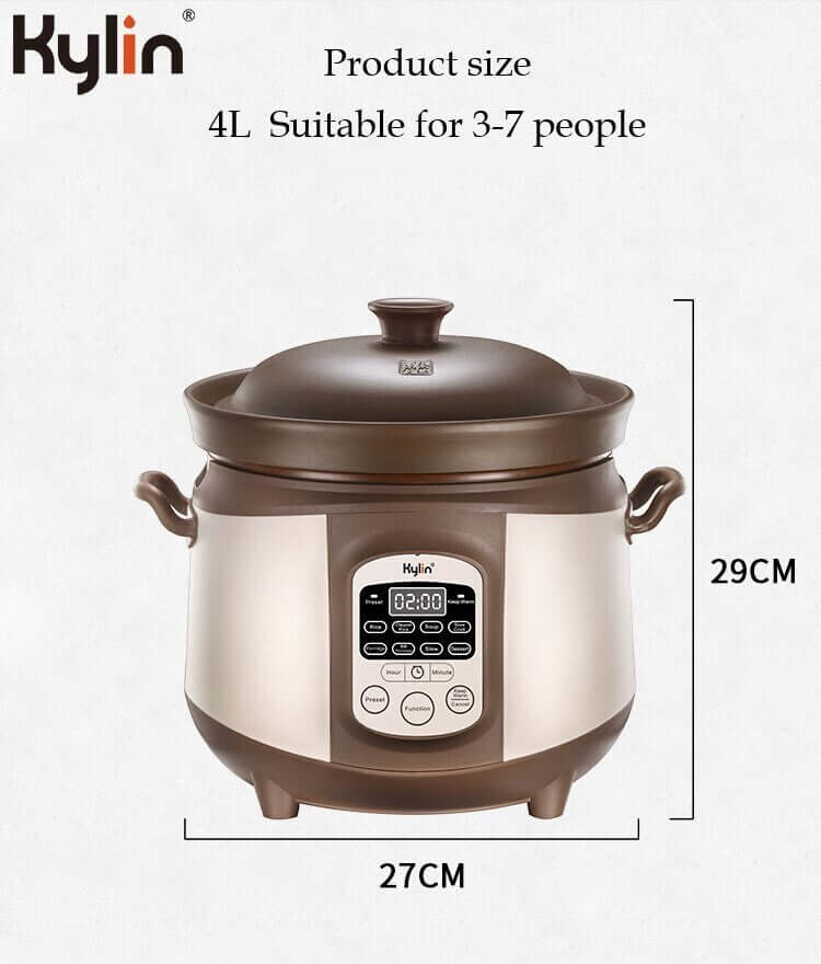 Kylin Electric Purple Clay Pot Slow Cooker 4L, ideal for 3-7 people, showcasing product dimensions 27CM x 29CM. Affordable quality cooking.