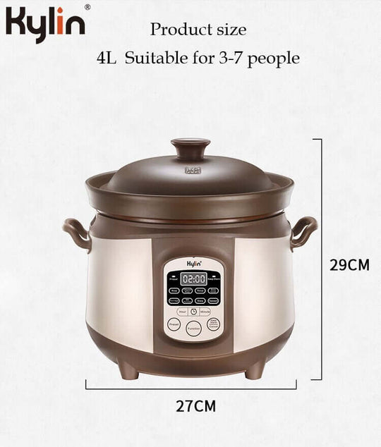 Kylin Electric Purple Clay Pot Slow Cooker 4L, ideal for 3-7 people, showcasing product dimensions 27CM x 29CM. Affordable quality cooking.