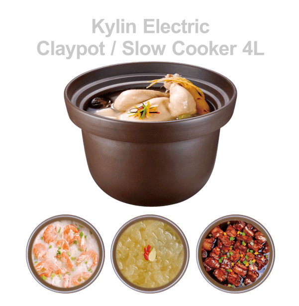 Kylin Electric Purple Clay Pot Slow Cooker 4L with soup and dish examples, showcasing affordable quality and luxury cooking.