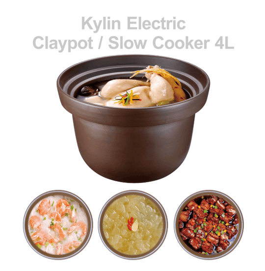 Kylin Electric Purple Clay Pot Slow Cooker 4L with soup and dish examples, showcasing affordable quality and luxury cooking.