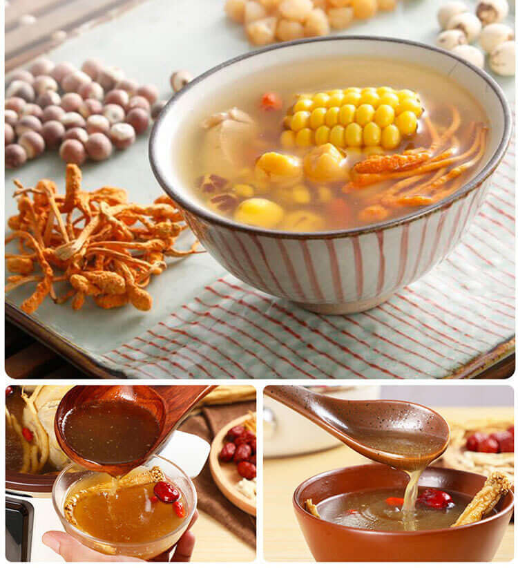 Bowl of nutritious soup with corn, herbs, and grains, showcasing the benefits of using a purple clay pot slow cooker.