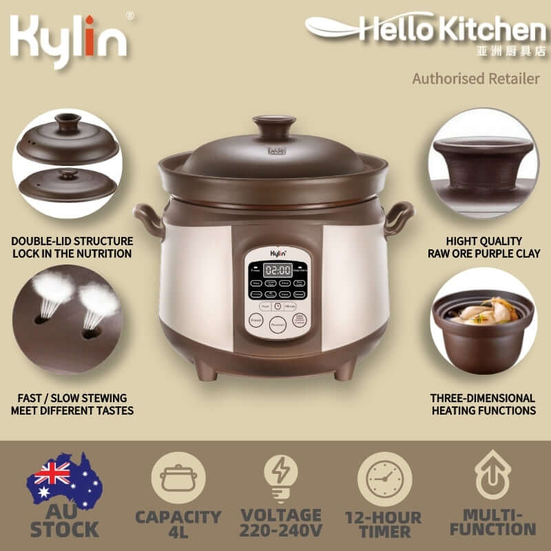 Kylin Electric Purple Clay Pot Slow Cooker 4L - K2022 with double-lid structure, 12-hour timer, and three-dimensional heating functions.