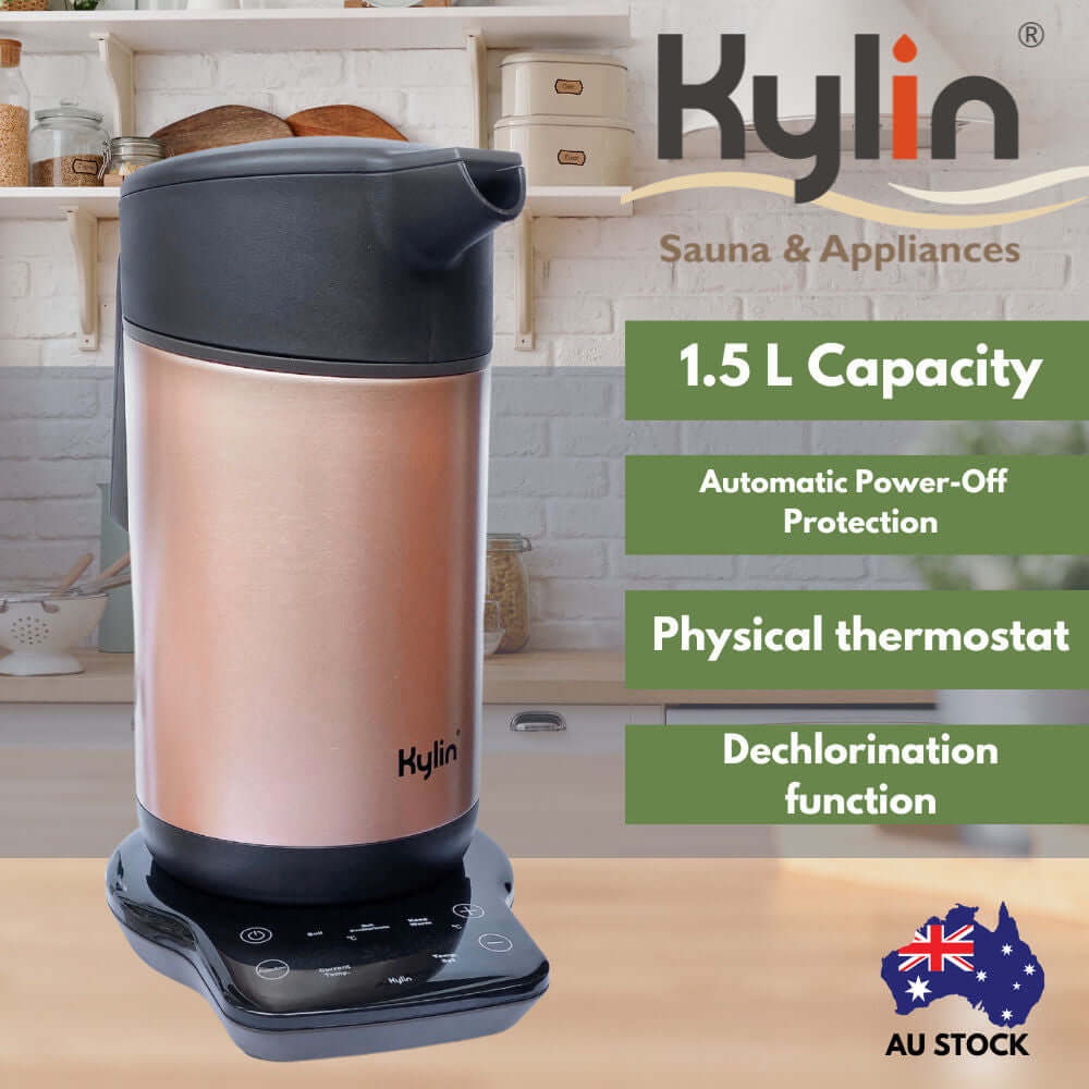 Kylin 1.5L vacuum thermal insulated kettle with automatic power-off, physical thermostat, and declorination function.