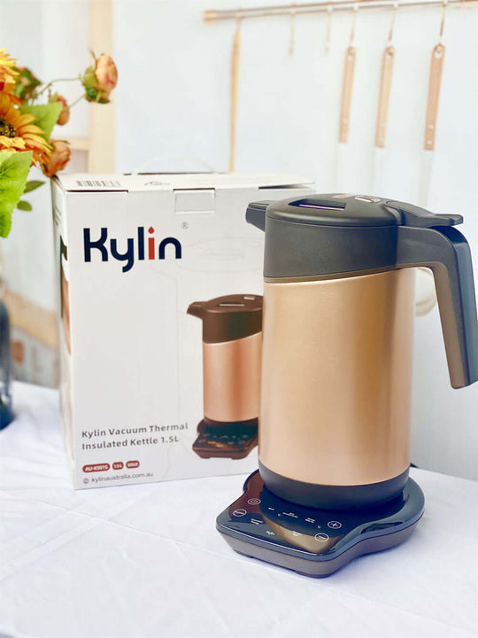 Kylin 1.5L Vacuum Thermal Insulated Kettle with sleek design and packaging on display. Affordable luxury for home or office use.