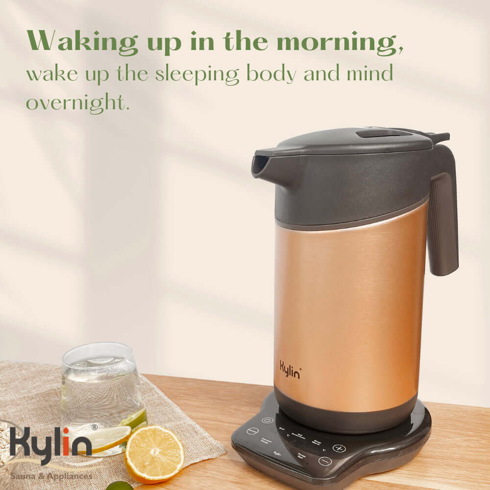 Kylin 1.5L vacuum thermal kettle on a kitchen counter, promoting morning hydration with stylish design.