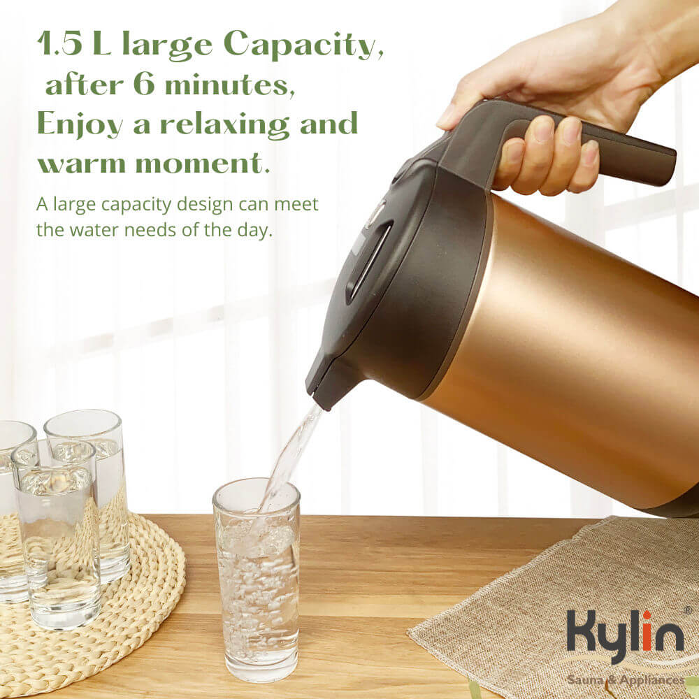 Kylin 1.5L vacuum thermal kettle pouring water into a glass, showcasing its large capacity and stylish design.