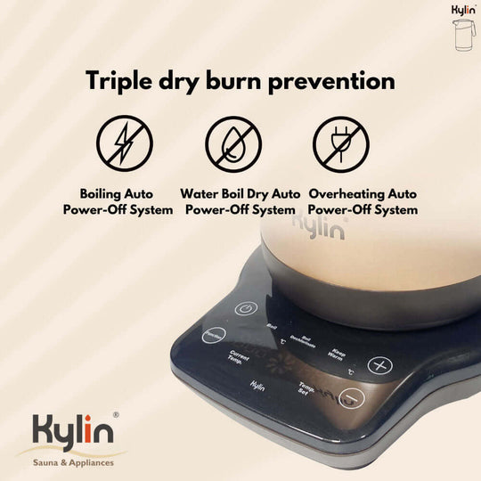 Kylin kettle features triple dry burn prevention with auto power-off for boiling, dry boiling, and overheating safety.