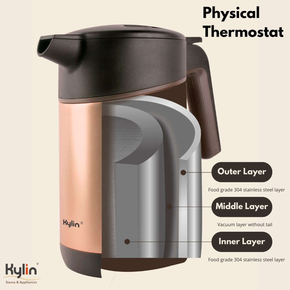 Kylin vacuum thermal insulated kettle showing layers: outer, middle, and inner stainless steel for optimal thermal retention.