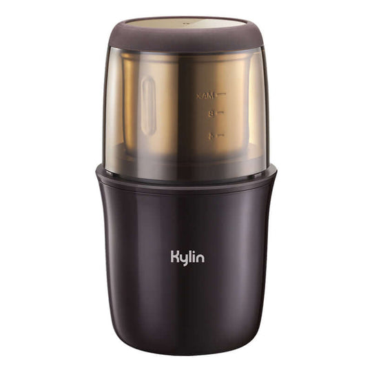 Kylin Electric Multi-Purpose Grinder for coffee, spices, and nuts in sleek black and transparent design. Affordable quality kitchen appliance.